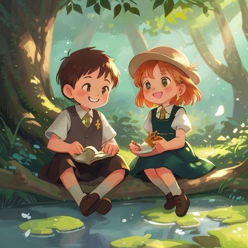 Children Making Hearts in Whimsical Forest Art