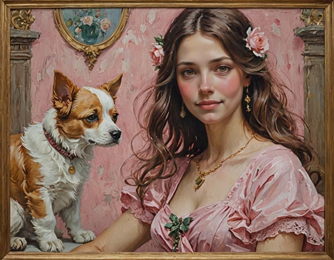 Young Woman with Dog in Oil Painting Style