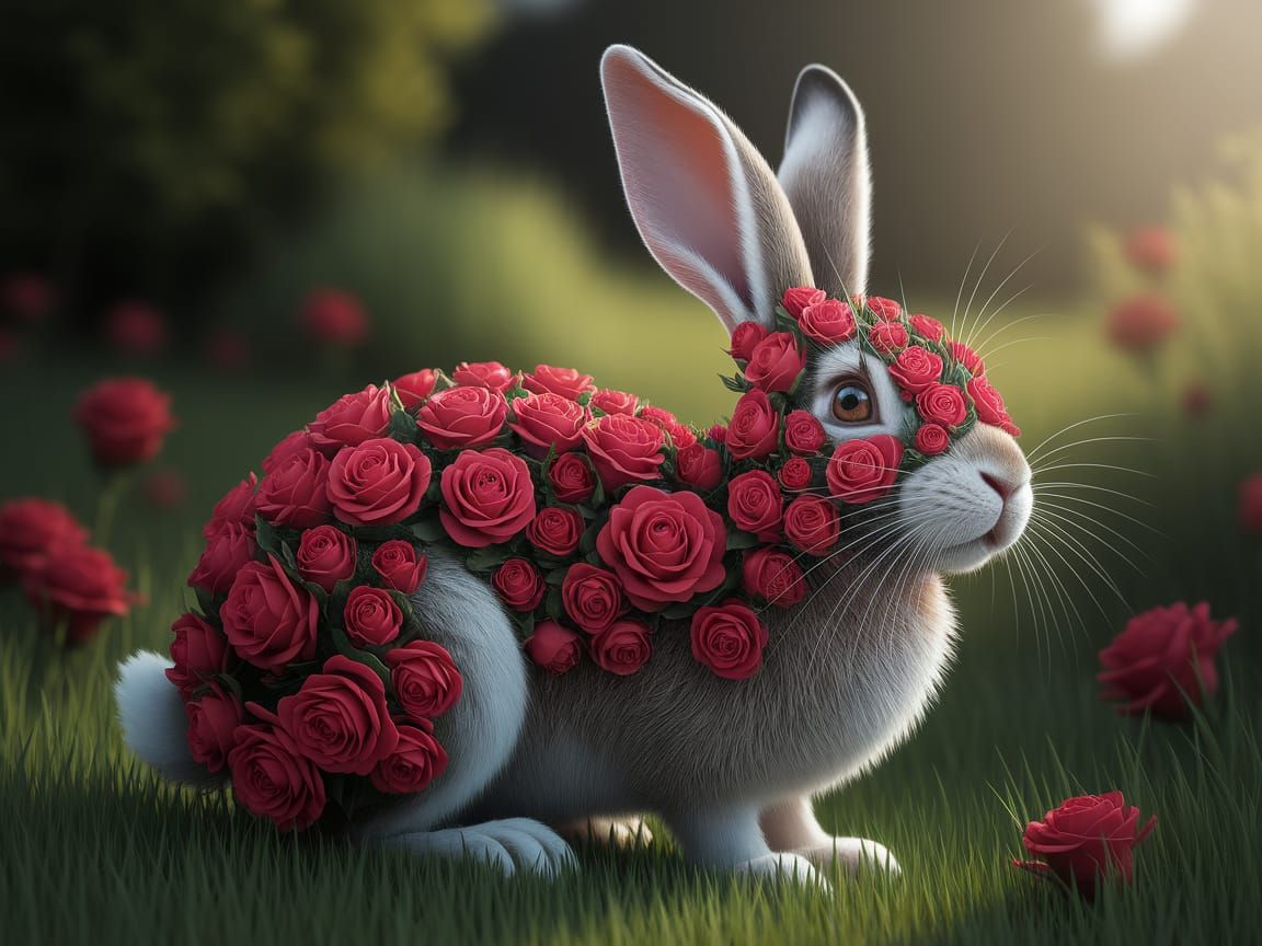 Vibrant Rabbit of Roses in Whimsical Realism