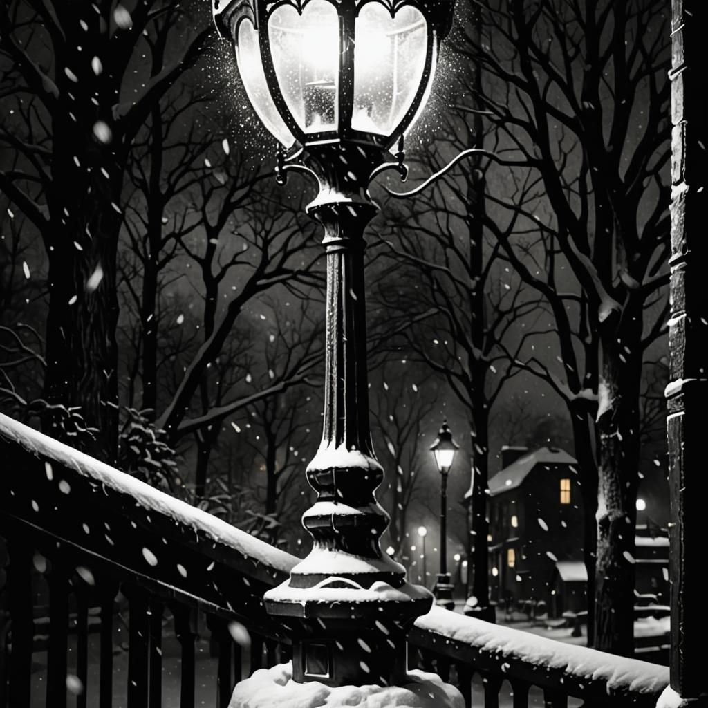 Glowing Antique Lamp Illuminates Snowy Night in Dark Fantasy...