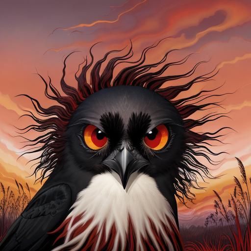 Crow Portrait with Red Moon in Surreal Style