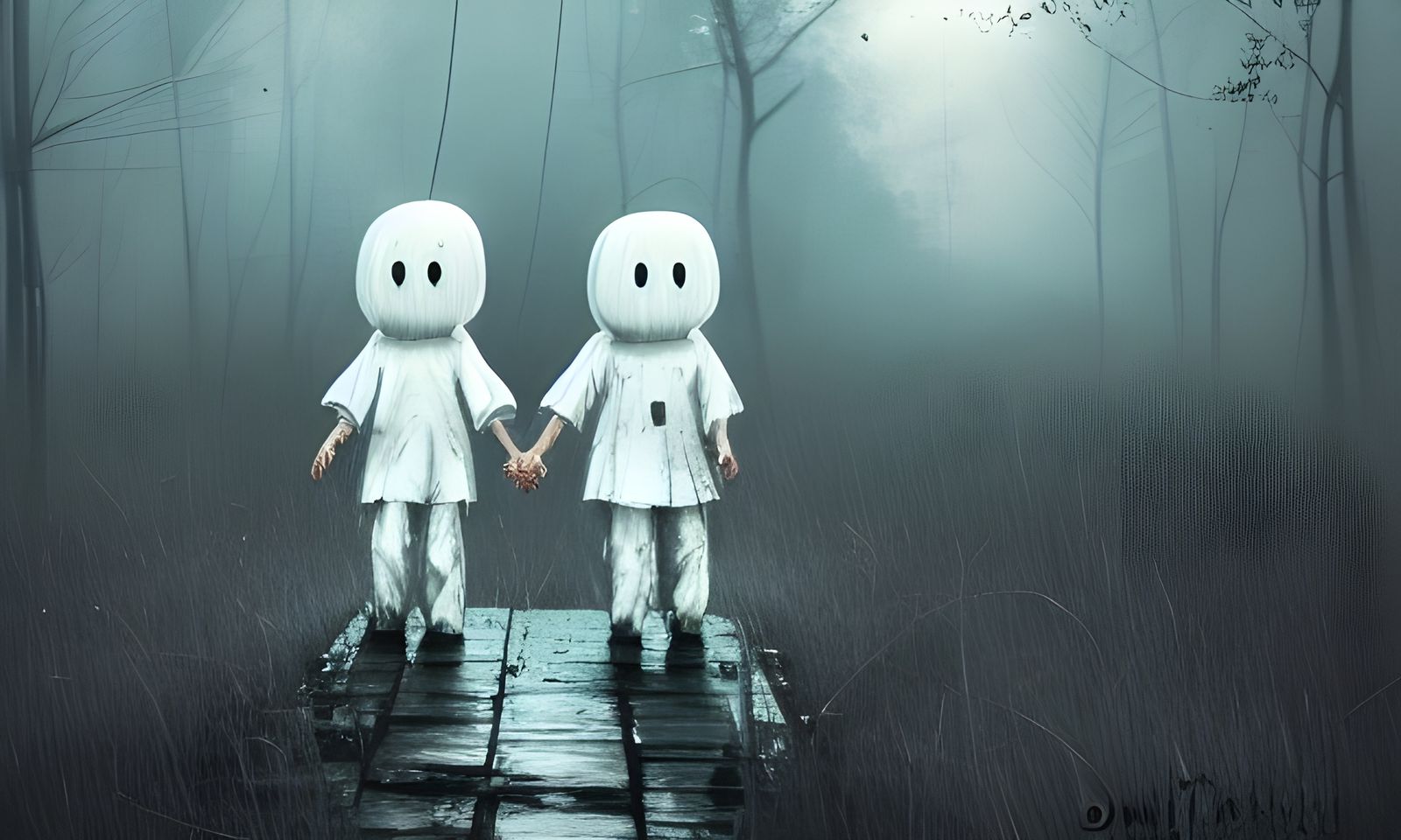 Sinister White Ghosts Holding Hands: Digital Illustration