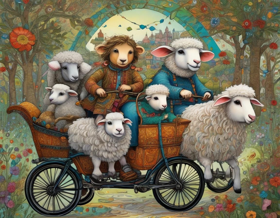 Teddy Bear and Sheep Tandem Ride, Art Brut Illustration
