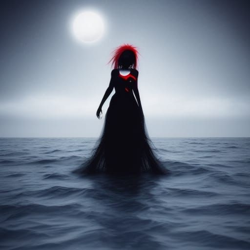 Woman on Black Ocean with Monster in Digital Painting
