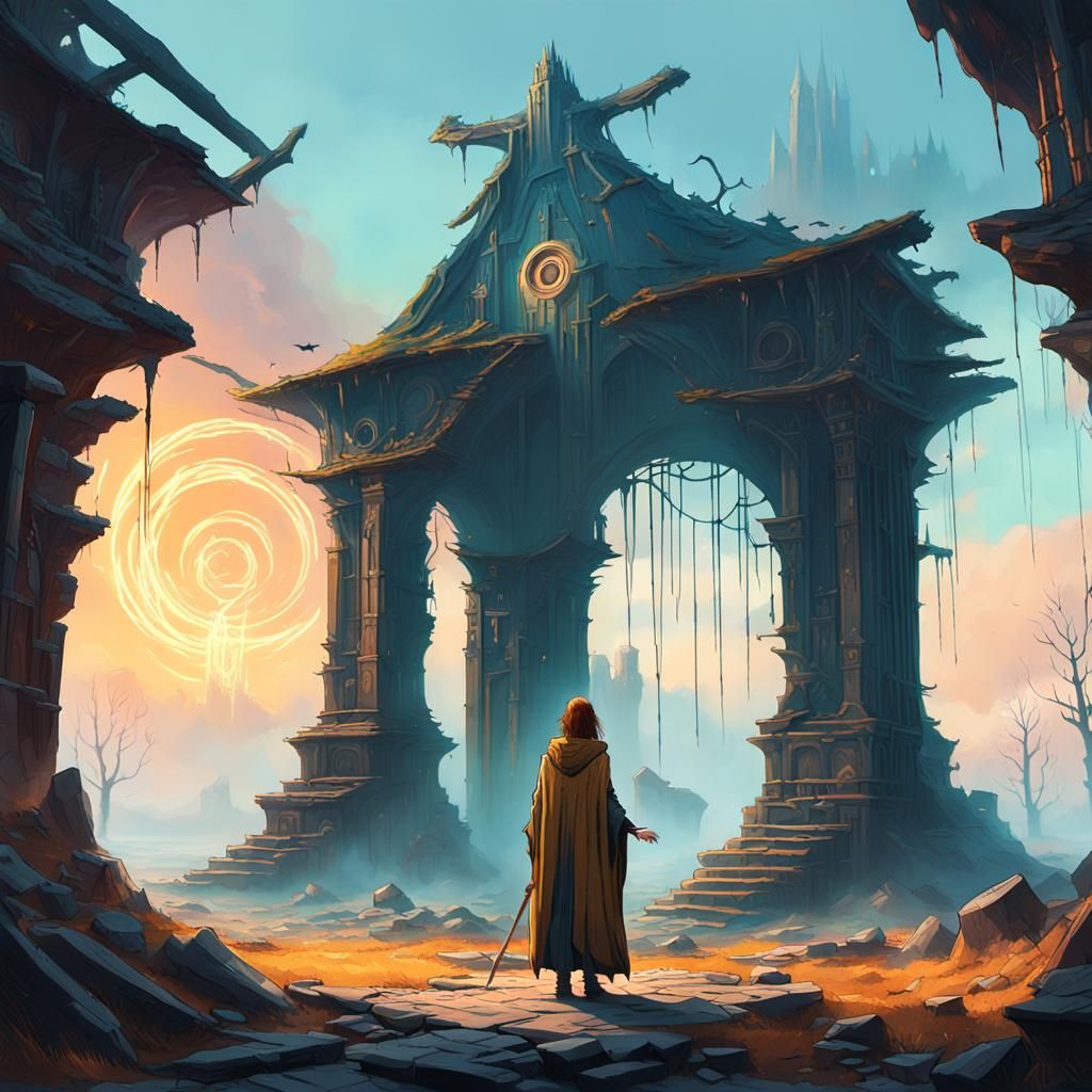 Fantasy Sorceress Casting Spell in Mystical Ruins