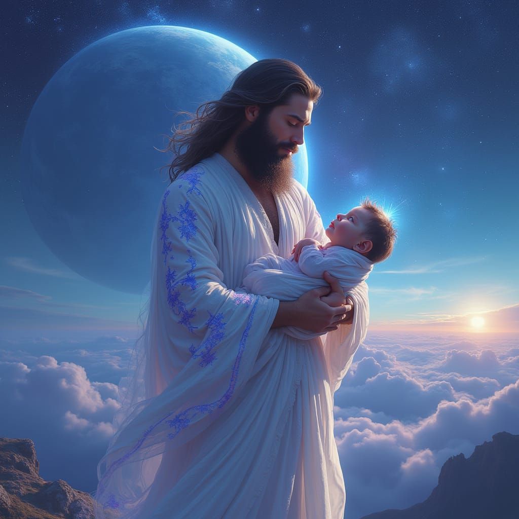 Ethereal Nibiru Father Holds His Baby in Celestial Landscape