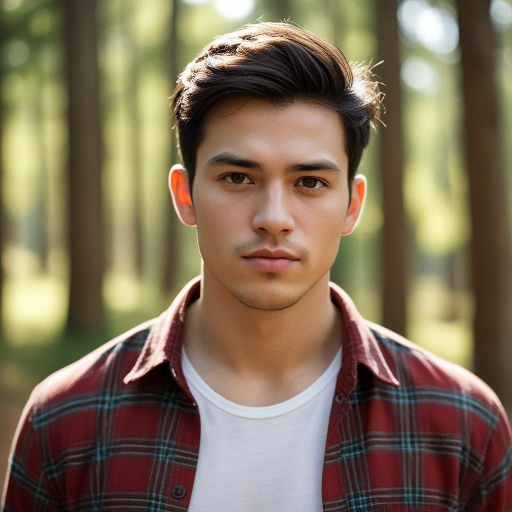Young Man in Forest, Wearing Plaid Shirt and T-Shirt