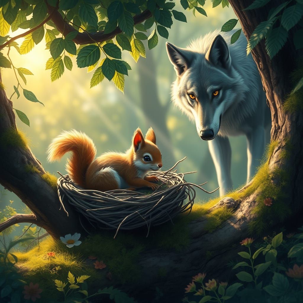 Whimsical Forest Scene: Squirrel Nest Under Threat