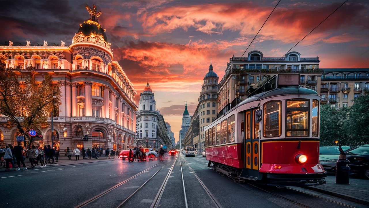 Urban Nightscape with Historic Tram at Sunset
