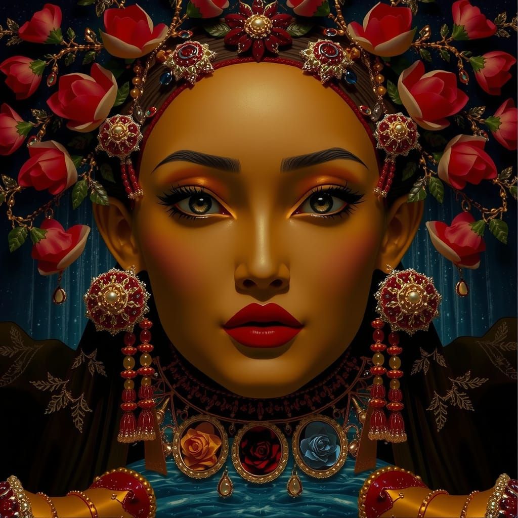 Ornate Beaded Waterfall Artwork with Gold and Silver Details