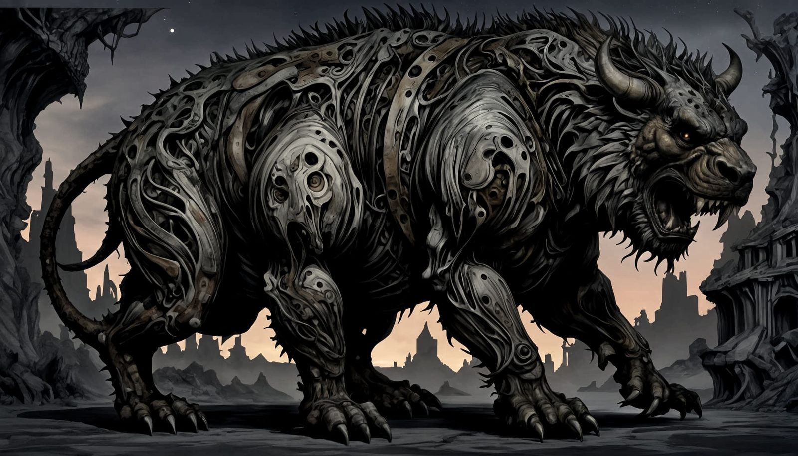 Hyperdetailed Ink Drawing of a Slouching Beast