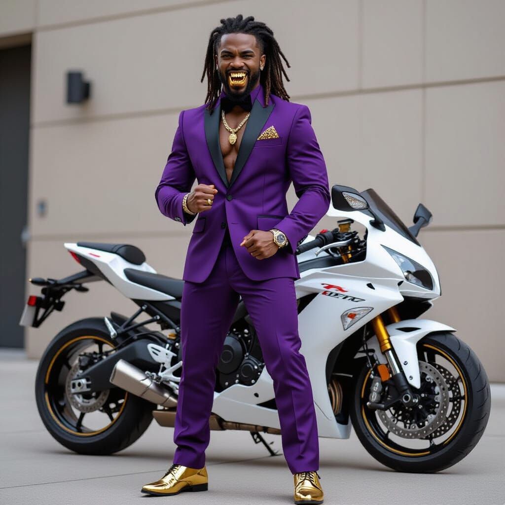 Vampire with Gold Fangs and Purple Suit on Motorcycle