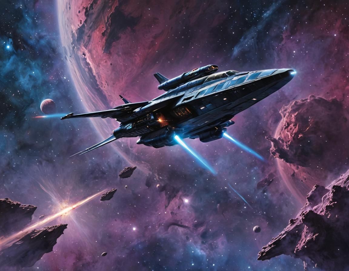 Vulcan Spaceship in Nebula, Chris Foss Style