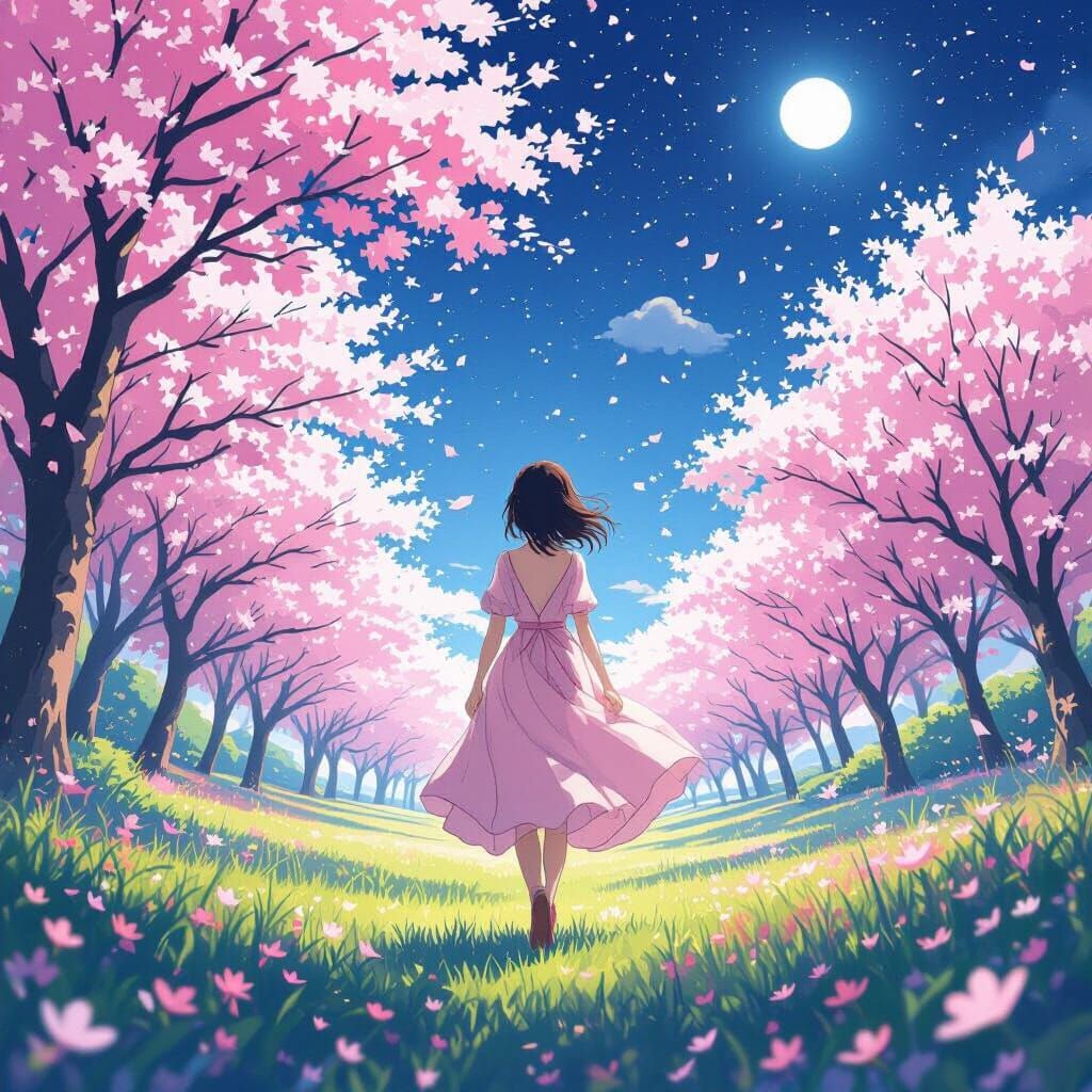 Anime Girl in Cherry Blossom Forest Under Starry Sky