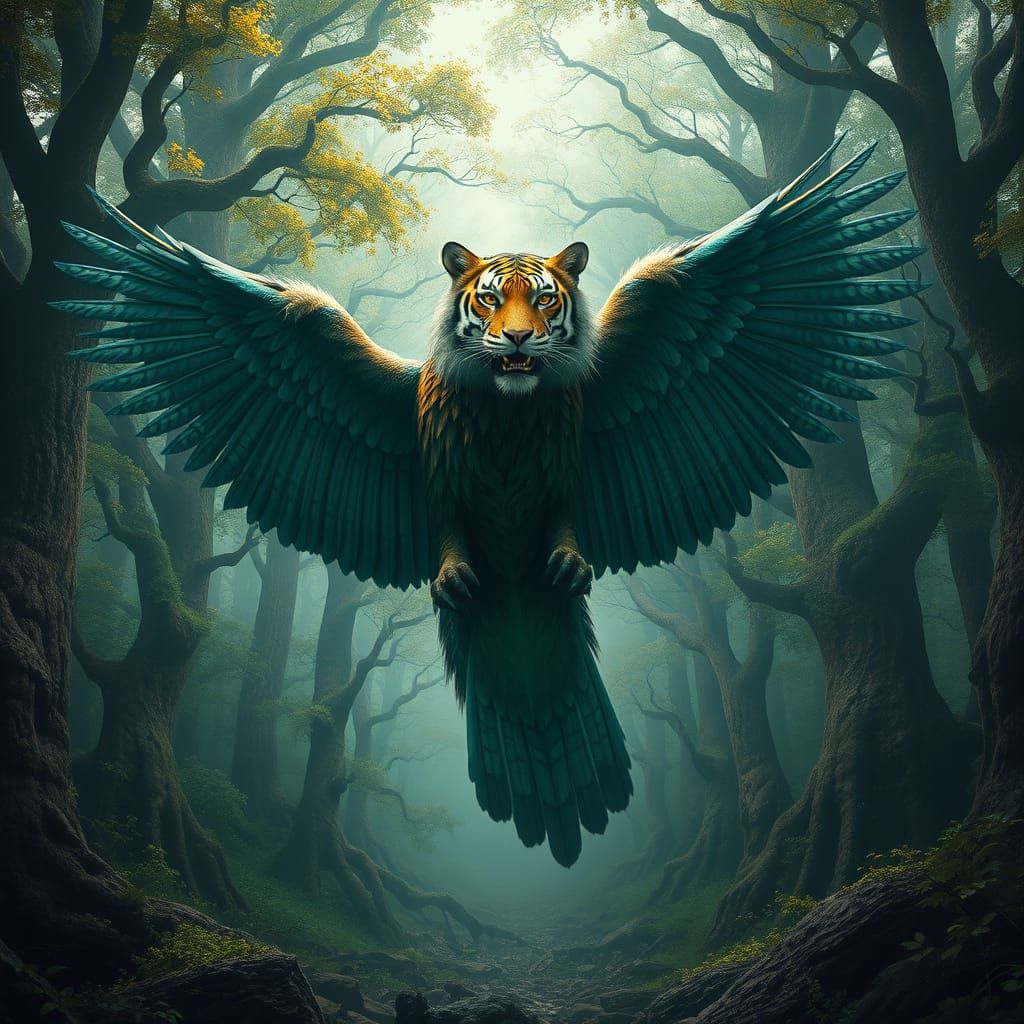 Eagle-Tiger Hybrid Emerges from Mystical Forest