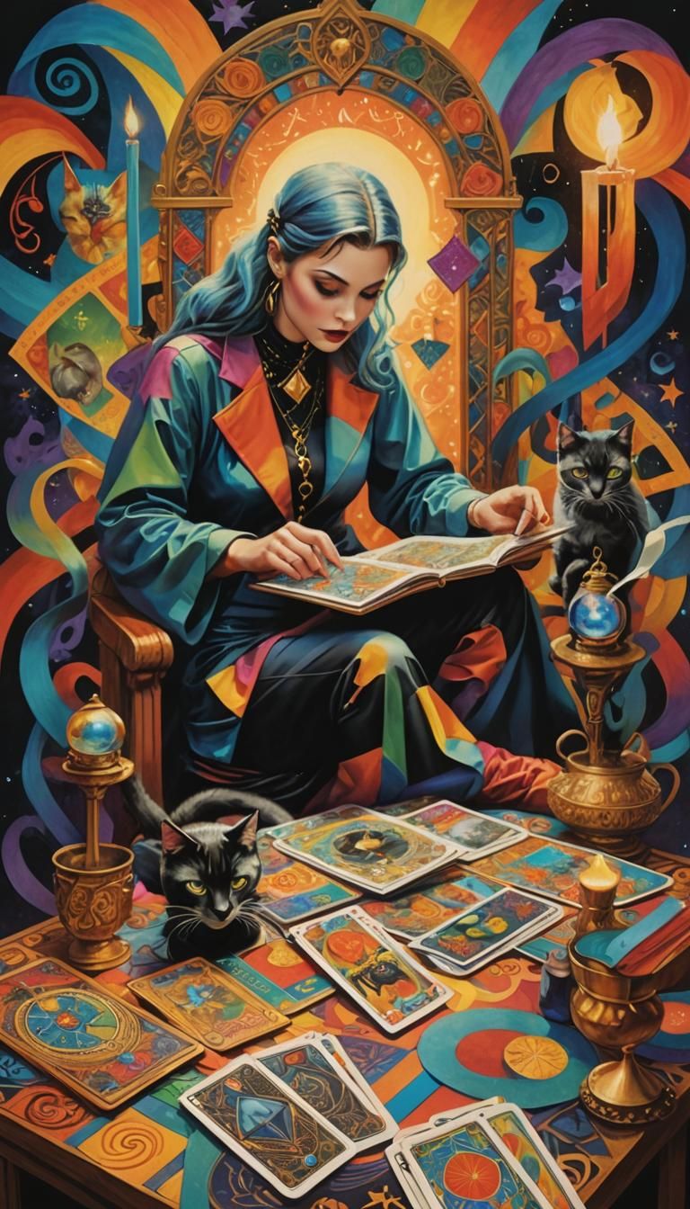 Mystical Catwoman Tarot Reader in Digital Art Style