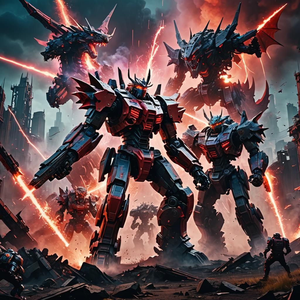 Epic Mecha Battle with Dragon in Sci-Fi Landscape