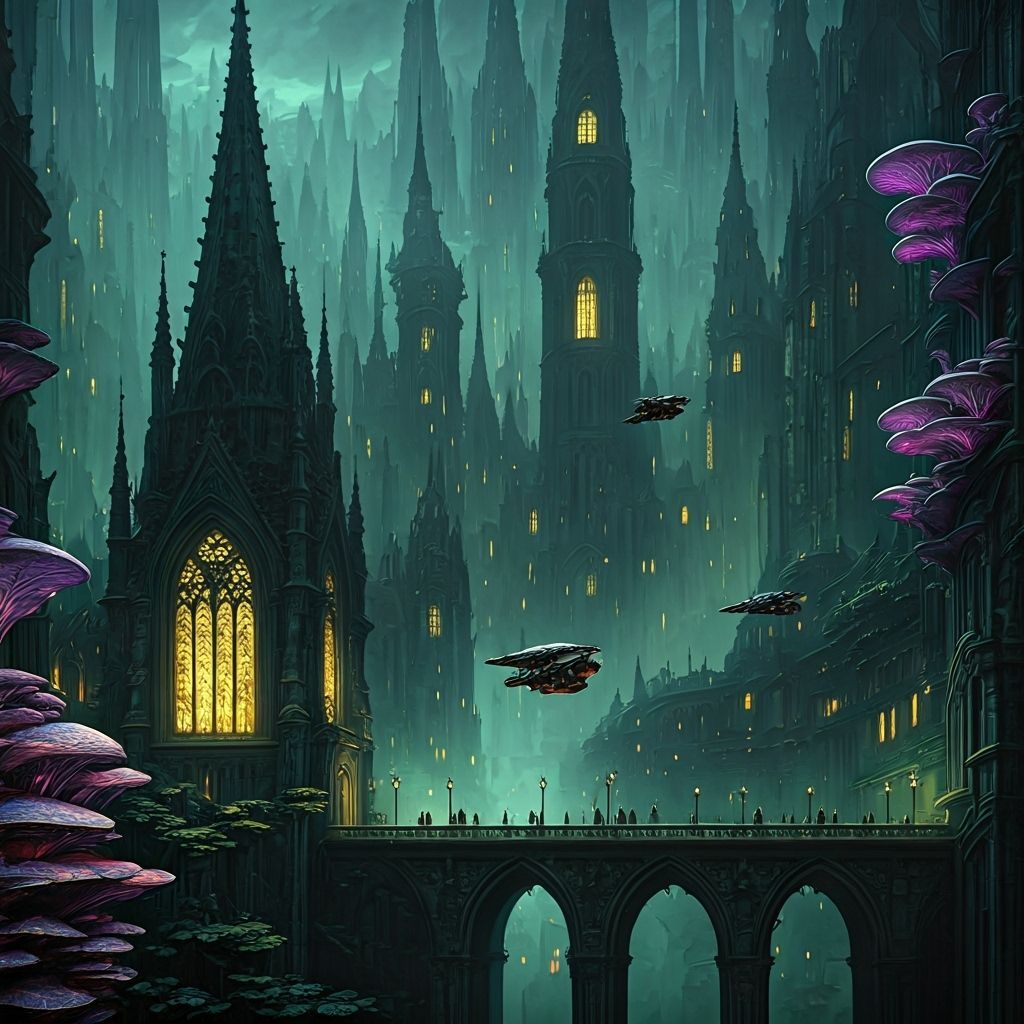 Gothic Cityscape at Midnight with Bioluminescent Fungi