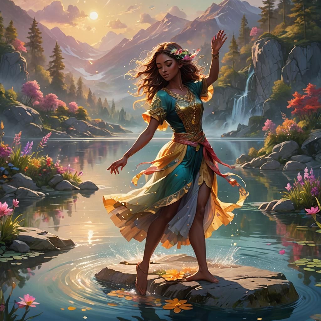 Fantasy Girl Dancing in Lake: Digital Art