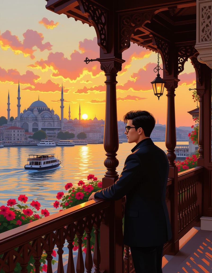 Man on Ottoman Balcony at Sunset