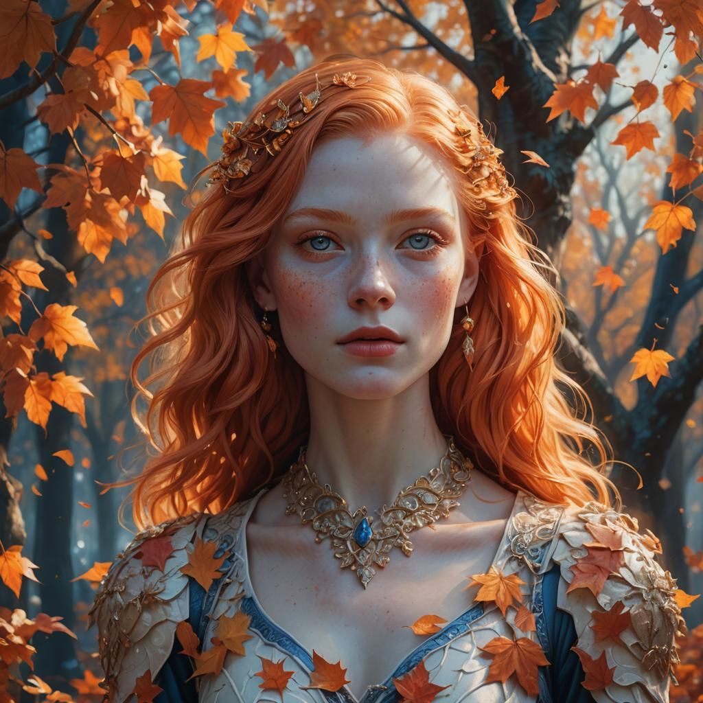 Ethereal Goddess Amidst Autumn Leaves