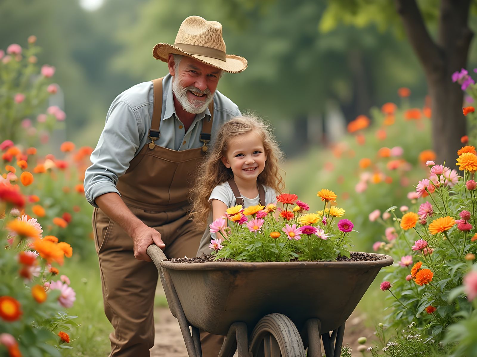 Grandfather and Granddaughter in Whimsical Flower Garden