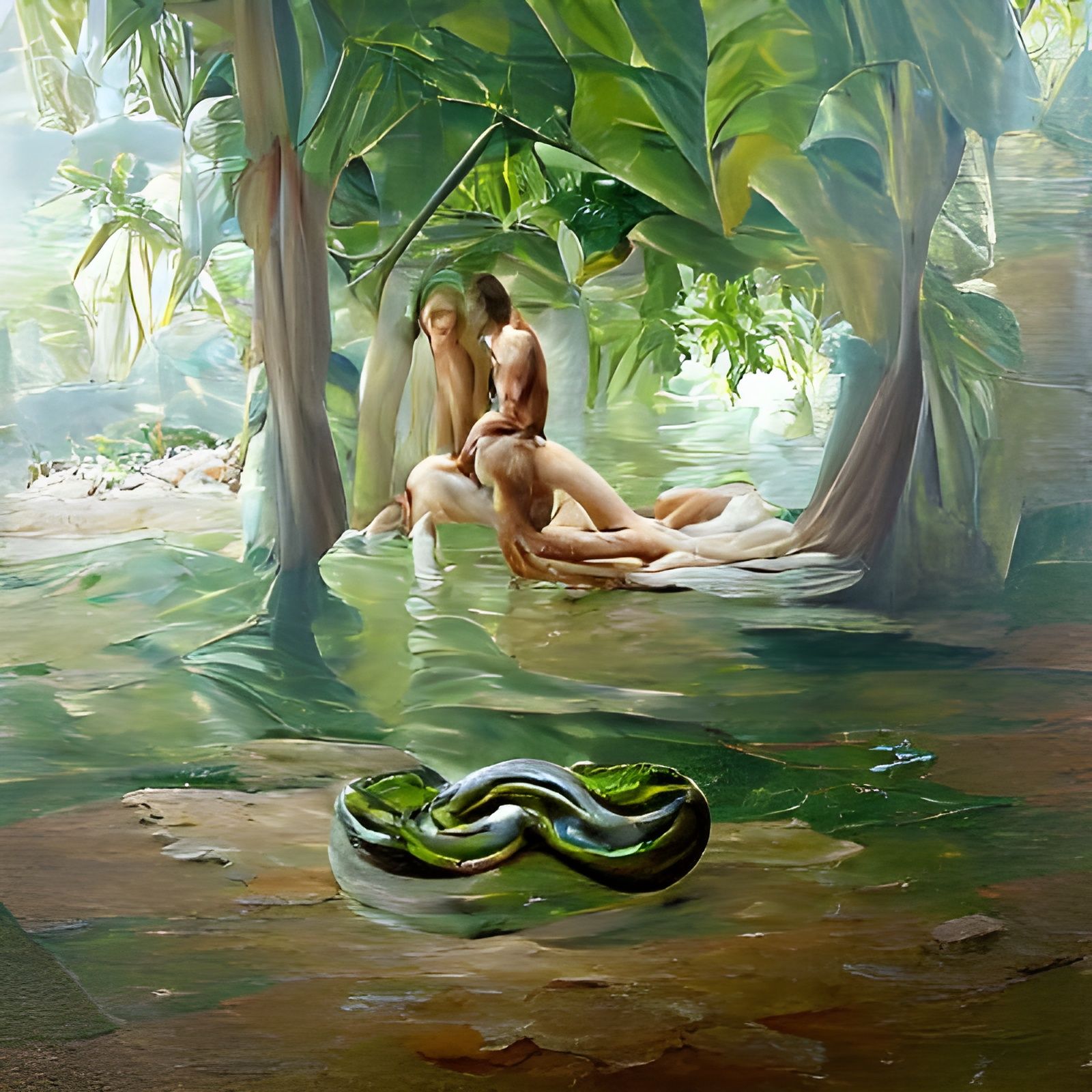 Adam and Eve in Paradise: Oil Painting