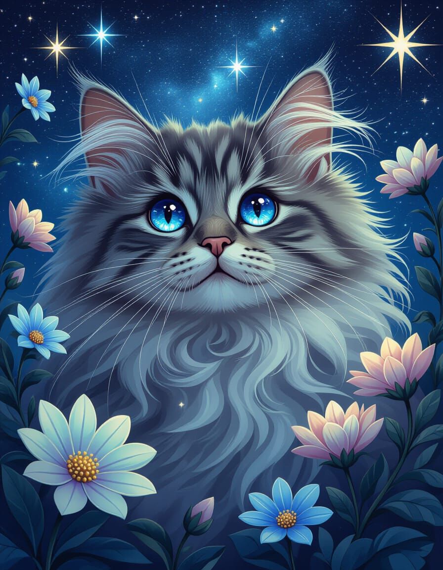 Cosmic-Eyed Cat Surrounded by Shimmering Stars