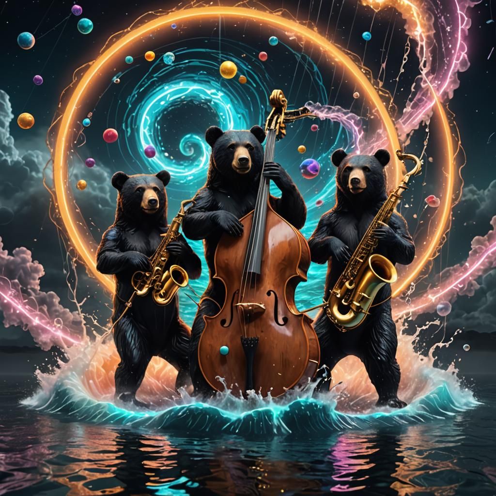 Surreal Neon Bears Jazz Band on Stormy Ship