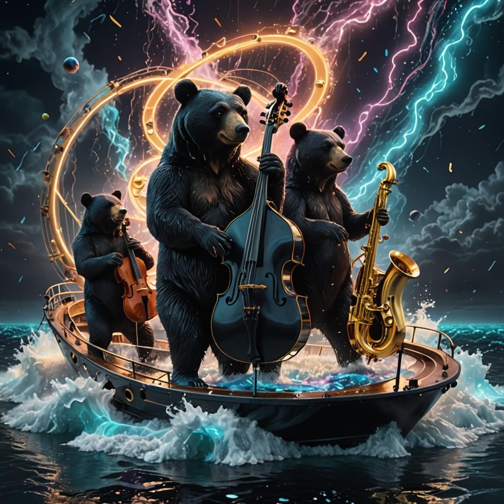 Surreal Neon Bears Jazz Band in Water Vortex