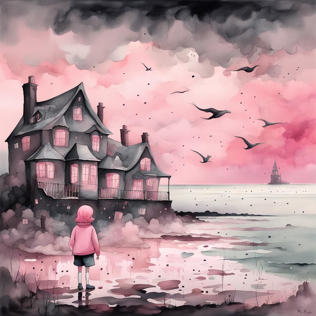 Pink Seaside Manor in Surreal Watercolor Style