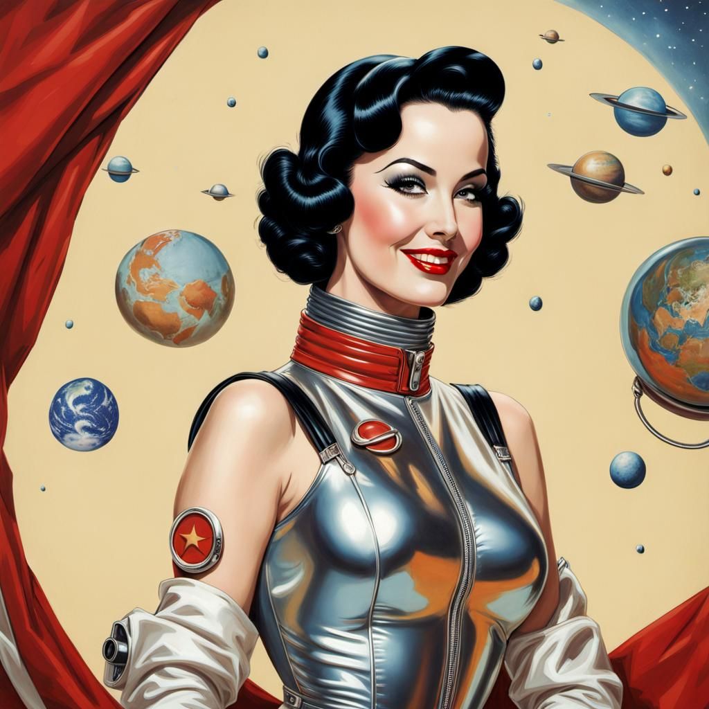 Retro Pin-Up Girl in Space, Rockwell Style