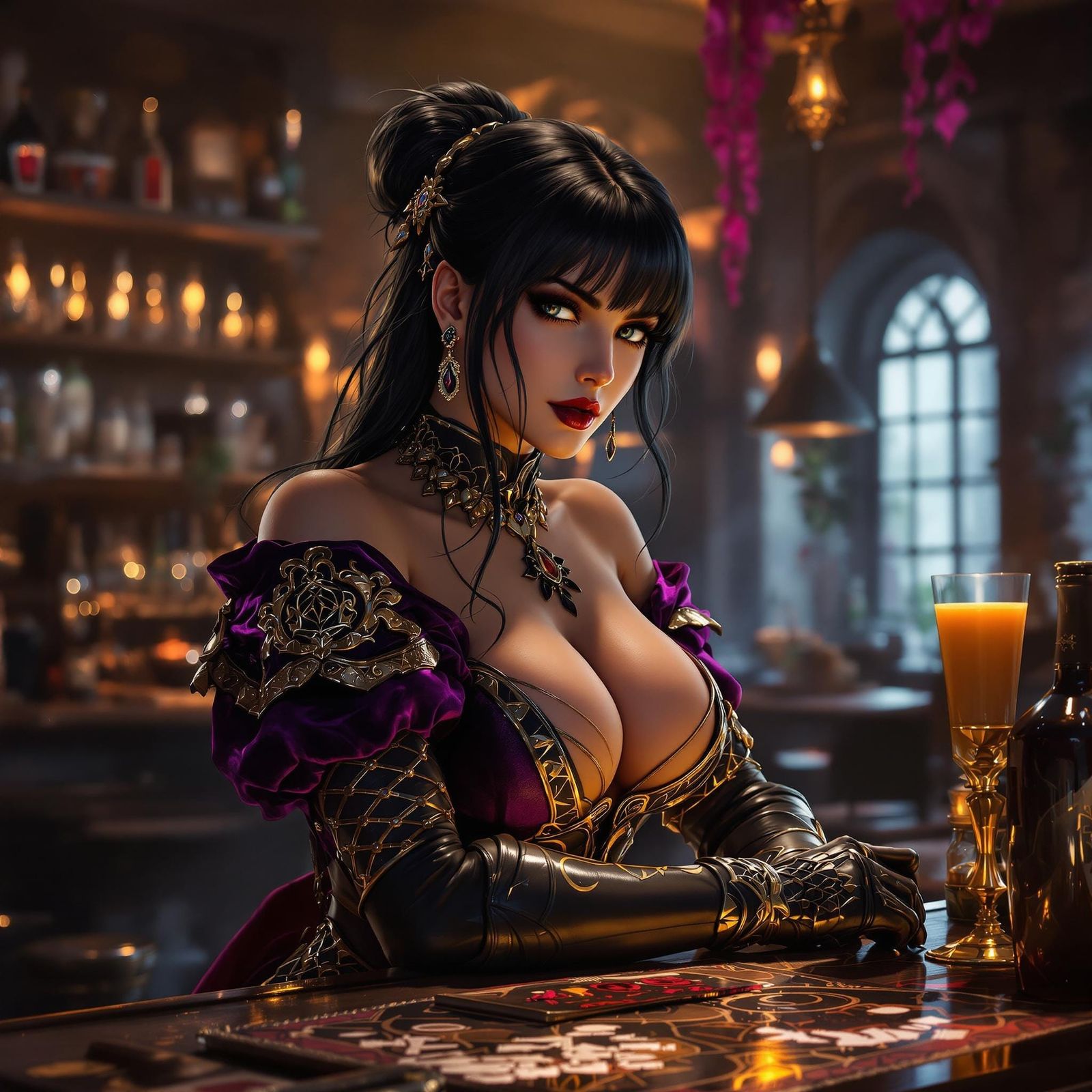 Tavern Barmaid in Opulent Velvet and Leather, Dark Fantasy A...