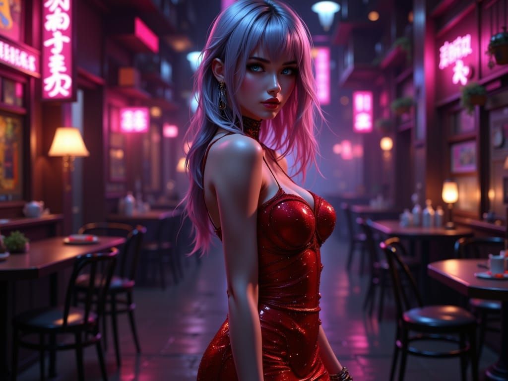 Seductive Woman in Red Dress in Horror House