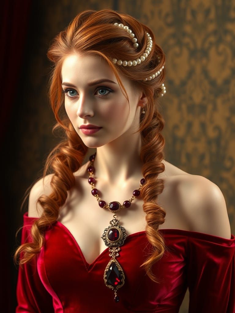Elegant Woman in Red Velvet Gown and Pearls