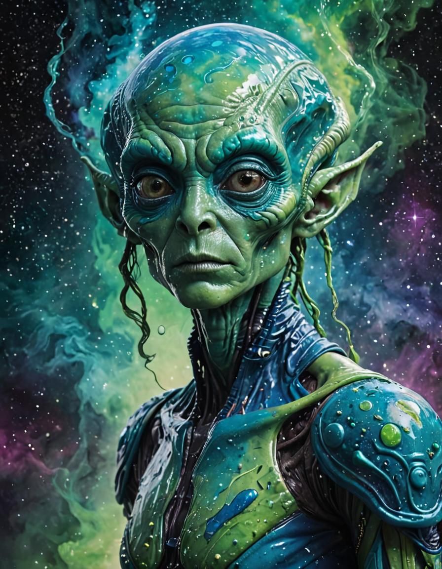 Surreal Alien Traveler in Space with Alcohol Ink Texture
