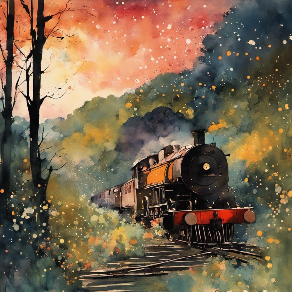 Steam Train Journey Through Valley: Gouache and Watercolor