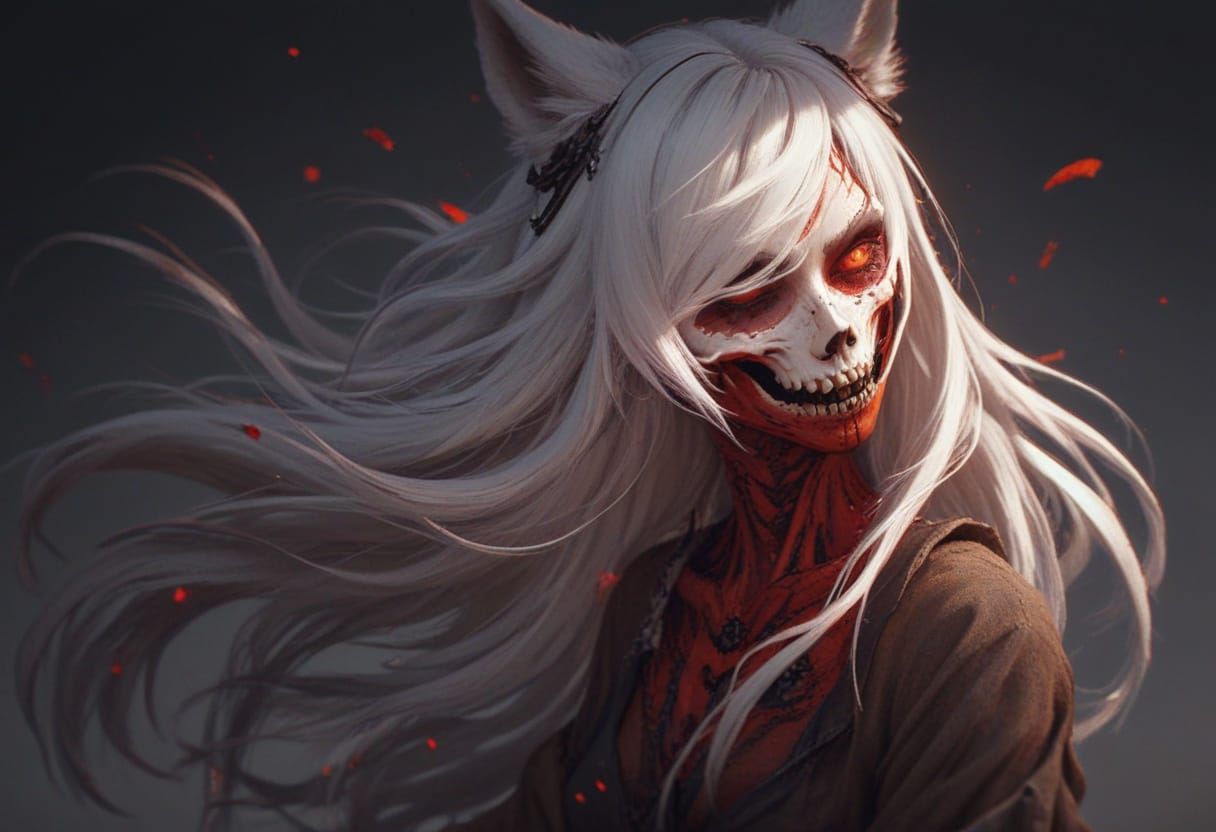 Wolf Girl With Skull Head Winks in Vibrant Cinematic Style