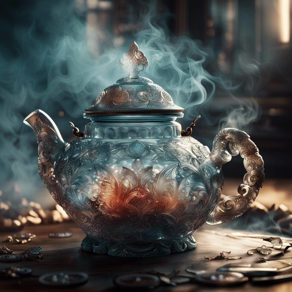 Ornate Glass Teapot in Hyperrealistic CGI Style