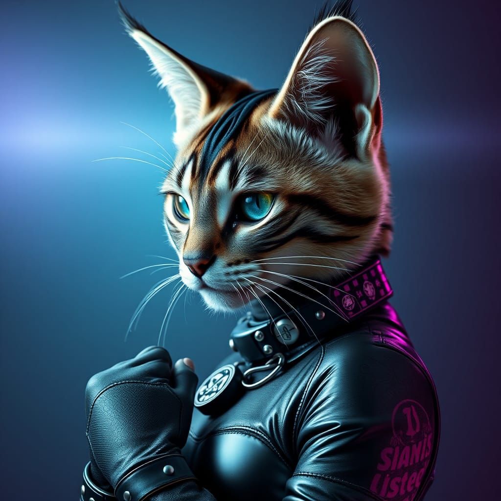 High-Fashion Sharkpunk Feline Portrait in Metallic Style