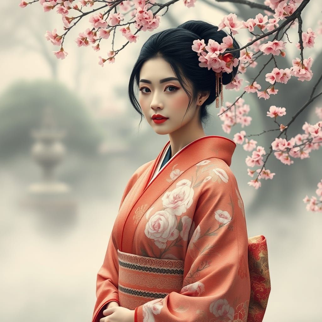 Elegant Woman in Kimono in Japanese Garden