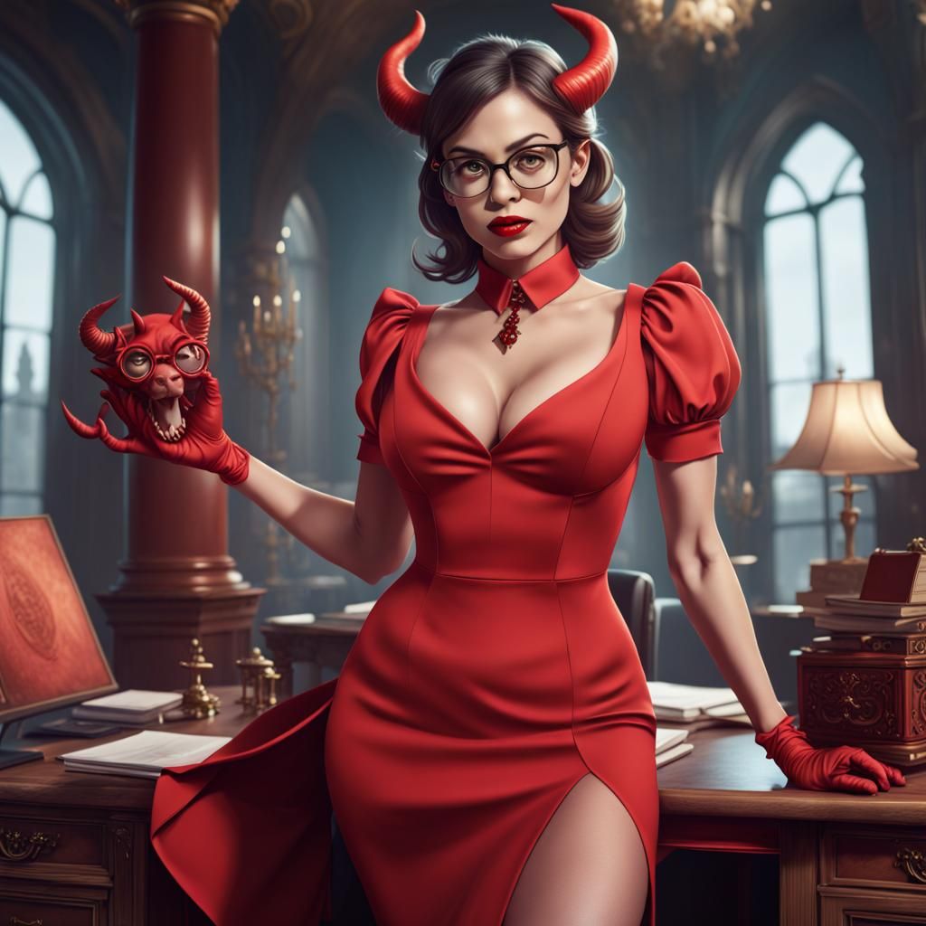 Devil Secretary in Red Dress: Fantasy Concept Art