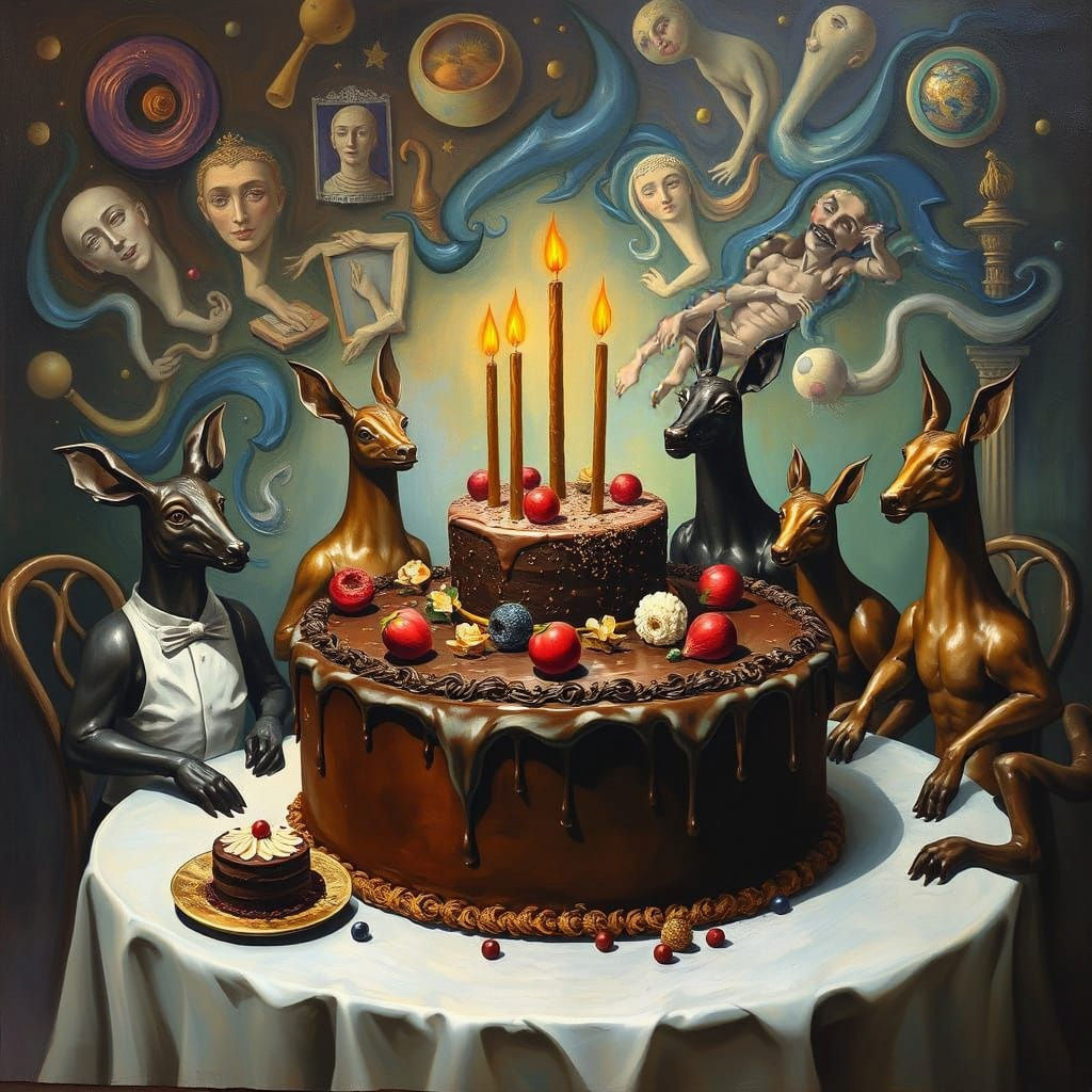 a surreal painting in style of Dali of a fancy chocolate cake at a party with chocolate animals sat at the table in a dr...