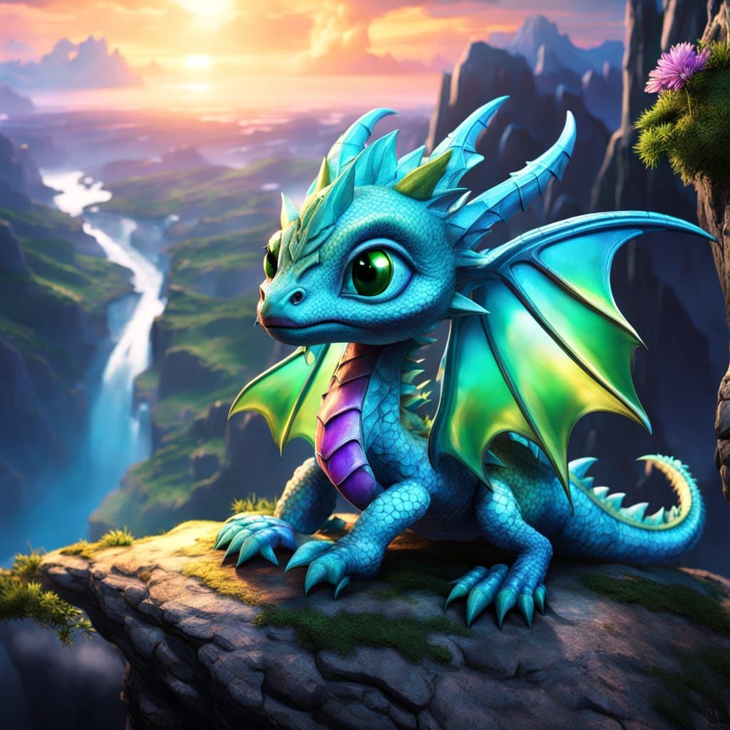 Ethereal Baby Dragon perches on Cliff's Edge
