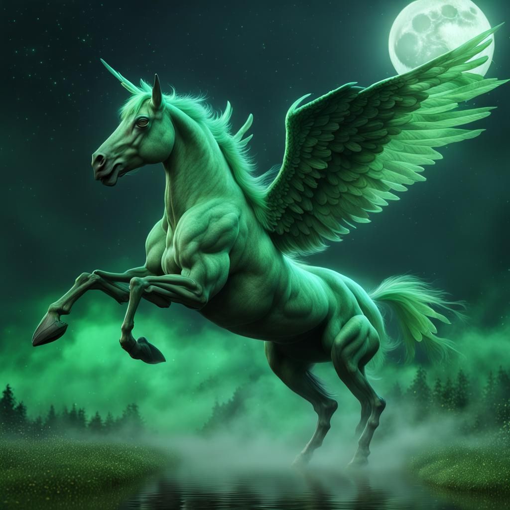 Hyperrealistic Green Pegasus with Moon and Stars