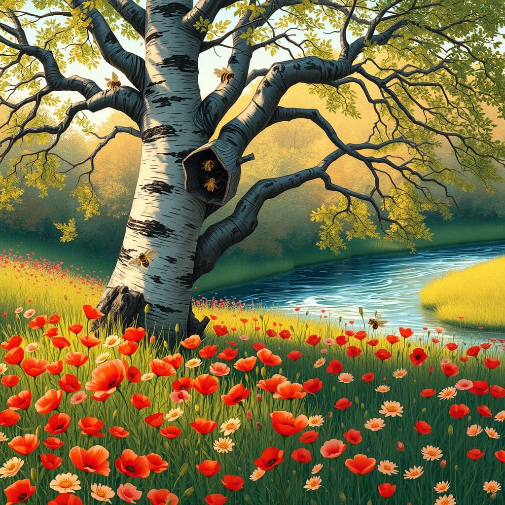 Majestic Birch Tree Surrounded by Vibrant Poppies and Busy B...