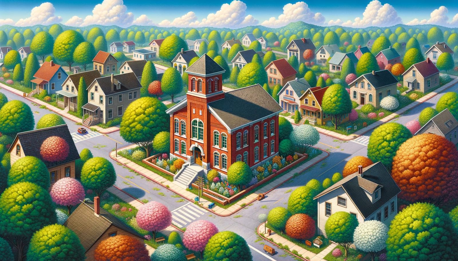 Quaint Red Brick Schoolhouse in Verdant Town