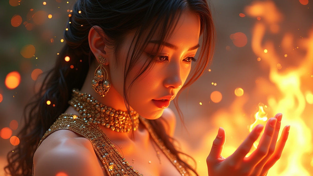 Cyberpunk Asian Woman with Fire, Hyperrealistic Art