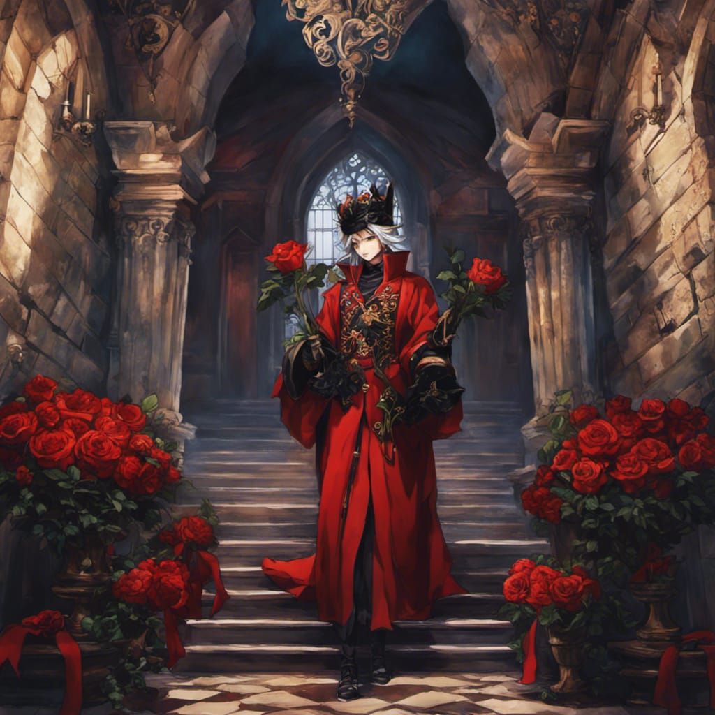 Evil Jester with Black Roses in Anime Style