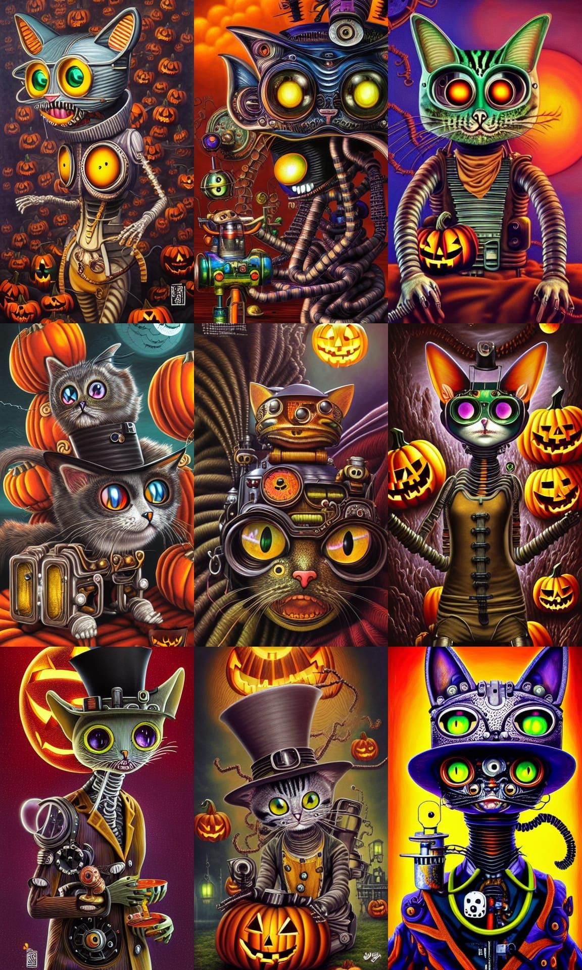Steampunk Halloween Robot Cat in Maximalist Style